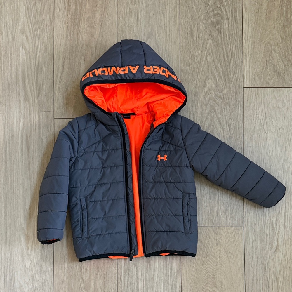 Under Armour Navy Puffer Jacket with Neon Orange Lining